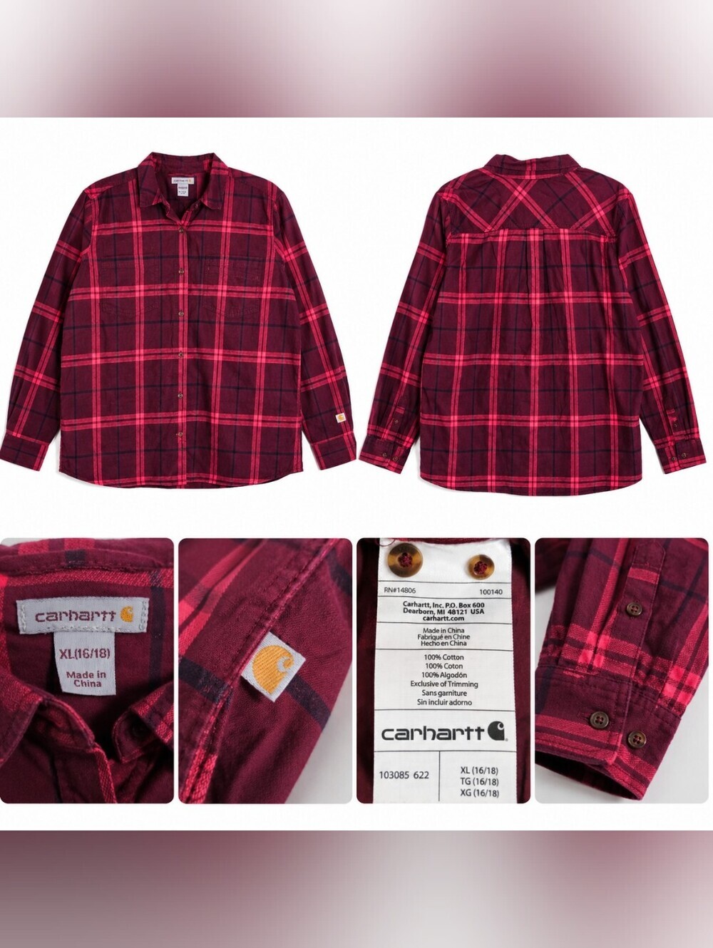 Carhartt Women's XL 16/18 Plaid Button Front Shirt 100% Cotton Burgundy Pink.
